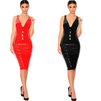 Червен черен изкуствена кожа Bodycon рокли плюс размер на една жена Есен Зима Секси дълбоко V дължина до коленете рокля 6XL женски Vestidos клубна облекло