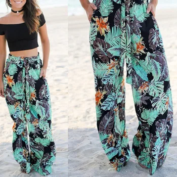 Лято Vintage Boho Широки Панталони С Висока Талия Свободни Цветен Принт Дълги Дамски Панталони За Всеки Ден Плажни Панталони