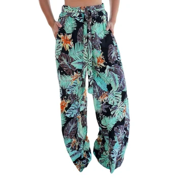 Лято Vintage Boho Широки Панталони С Висока Талия Свободни Цветен Принт Дълги Дамски Панталони За Всеки Ден Плажни Панталони