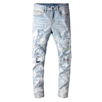 Мъжки кристални светло синьо снежно-измити участък-дънки градинска облекло slim skinny кристал скъсани дънкови панталони панталони