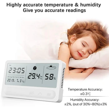 LCD Електронен измерител на температура и влажност на въздуха USB Акумулаторна батерия за цифров термометър, влагомер метеорологичната станция будилник за вътрешни помещения