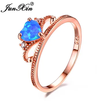 JUNXIN Ocean Blue/лилаво/бяло Огнен опал Сърцето на Камък пръстени за жени розово злато изпълнен вълна лист Дъга пръстен Циркон бижута
