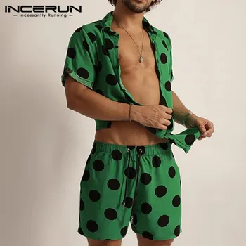 INCERUN 2021 мъжки комплекти грах печат с къс ръкав риза с копчета ежедневни панталони елегантна градинска облекло плажни мъжки Хавайски костюми 2 бр.
