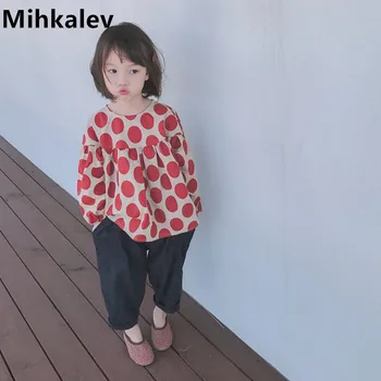 Mihkalev Pattern polka dot girls върховете long sleeve children тениска long sleeve children tshirt and bloues детски дрехи costume