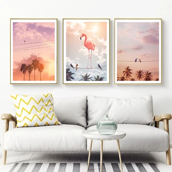 Платно за Живопис животно стенно изкуство Колибри фламинго и приятели плакати и щампи стенни картини за хола домашен интериор