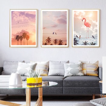 Платно за Живопис животно стенно изкуство Колибри фламинго и приятели плакати и щампи стенни картини за хола домашен интериор