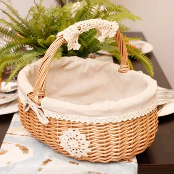 Кошница от ракита ратан кошница за съхранение кошница за пикник кошница за плодове кошници с капак и дръжка и бяла подложка за къмпинг #W0