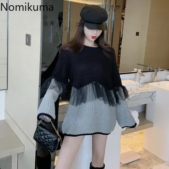 Nomikuma пуловер пуловер жени марля мозайка O врата с дълъг ръкав casual есен скок в контрастен цвят трикотажни блузи Дама 3d660