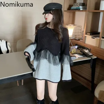 Nomikuma пуловер пуловер жени марля мозайка O врата с дълъг ръкав casual есен скок в контрастен цвят трикотажни блузи Дама 3d660