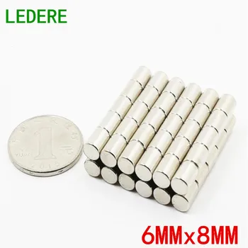 LEDERE 50/100шт 6x8 неодим N35 Dia 6mmx8mm силни магнити мъничък диск NdFeB редкоземельный за занаяти модели хладилник залепване 6*8