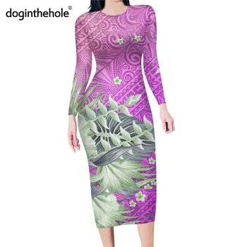 Doginthehole дамски елегантни вечерни рокли са прекрасен лилав Хавай Хону племенен модел с дълъг ръкав мода Bodycon молив Рокля