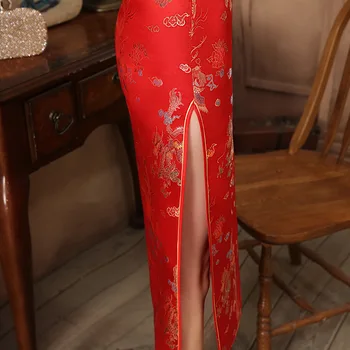 Червен китайски булка Сватба Qipao обличам секси жени сатен с дълъг ръкав Рокля Dragon Phoenix Vestidos ГСМ XL XXL