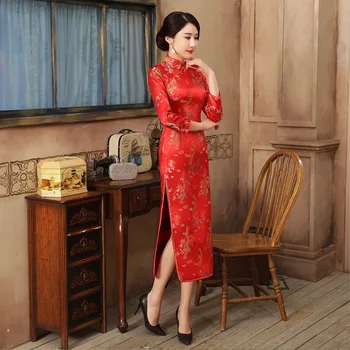 Червен китайски булка Сватба Qipao обличам секси жени сатен с дълъг ръкав Рокля Dragon Phoenix Vestidos ГСМ XL XXL