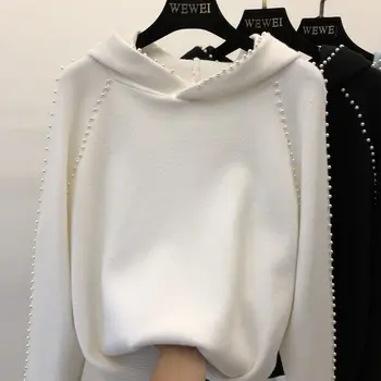 2019 нова мода есен женски сладки перлени мъниста с качулка вязаный пуловер женски чист цвят с дълъг ръкав трикотажни ризи