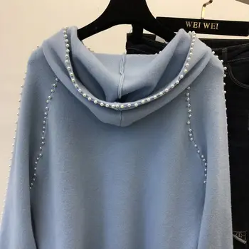2019 нова мода есен женски сладки перлени мъниста с качулка вязаный пуловер женски чист цвят с дълъг ръкав трикотажни ризи