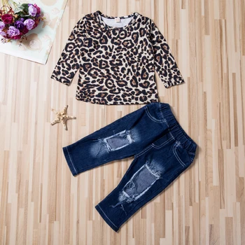 Момче Леопард облекло унисекс мода момиче Леопард екипи с дълъг ръкав + скъсани дънки панталони екипировки 0-4 години
