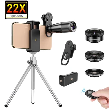 APEXEL 4in1 New HD Phone Camera Lens Kit телефото монокулярный телескоп 22X макро обектив с широк обектив Рибешко око с дистанционно статив