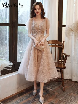 Шампанско вечерни рокли, дълги 2020 V-образно деколте апликация жени рожден Ден облекло чай дължина пайети тюл рокли за бала