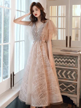 Шампанско вечерни рокли, дълги 2020 V-образно деколте апликация жени рожден Ден облекло чай дължина пайети тюл рокли за бала