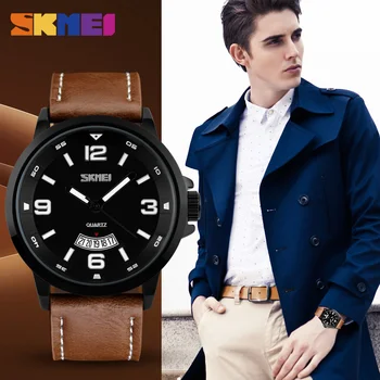 SKMEI Мъжки спортен часовник водоустойчив 30 м кожа Кварцов ръчен часовник луксозна марка модни ежедневни часовници Relogio Masculino 9115