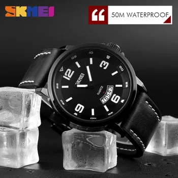 SKMEI Мъжки спортен часовник водоустойчив 30 м кожа Кварцов ръчен часовник луксозна марка модни ежедневни часовници Relogio Masculino 9115