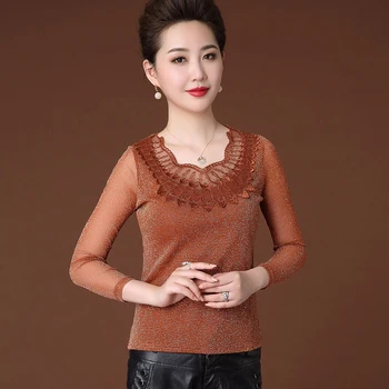 Дамски пролет есен стил дантела нов дамски блузи с дълъг ръкав елегантен, малък прозрачен ежедневни дамски дантелени блузи DF3229