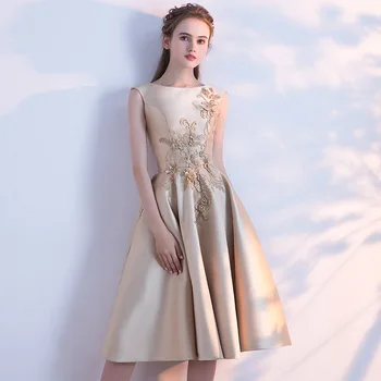 Златното вечерна рокля 2019 Нова пролет благороден елегантен средна дължина на парти рокля за абитуриентски бал апликация от мъниста О-образно деколте без ръкави Haute Couture