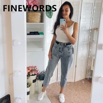 FINEWORDS 2020 стари дънки с висока талия свободни ежедневни зреещи гадже дънки за жени корейски плюс размер Harajuku сини дънкови панталони