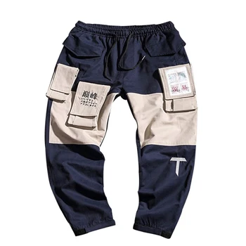 Новият японски стил Градинска мода ежедневни бродерия цвят на мозайка мъжки бегунья молив панталони мулти-джобове на цялата дължина на панталона