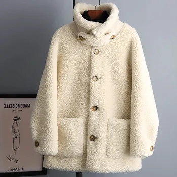 2019 Есен Зима реален / оригинален композитен агне агне меховое палто жени вълна меховое палто с изкуствен велур кожена подложка A094