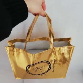 500 бр. / лот 30Hx40x10cm за многократна употреба потребителски логото на метални тъкани торби за пазаруване злато лазерно ламиниране за дрехи и обувки
