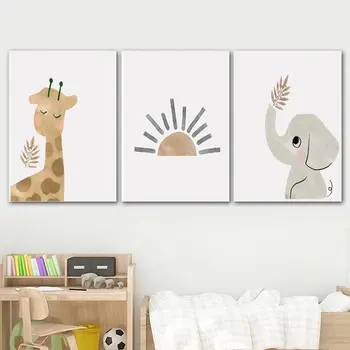 Карикатура Анима Слънцето плакати и щампи жирафът на слона платно щампи за декорация на детска стая живопис на картини за деца