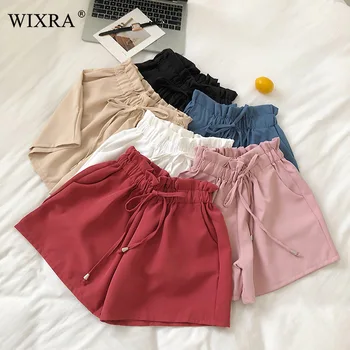 Wixra High Waist Губим Lace up Shorts 2019 Women Summer Еластични Waist Pockets A Line Solid Shorts For Lady
