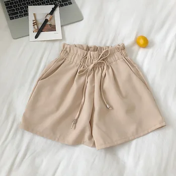Wixra High Waist Губим Lace up Shorts 2019 Women Summer Еластични Waist Pockets A Line Solid Shorts For Lady