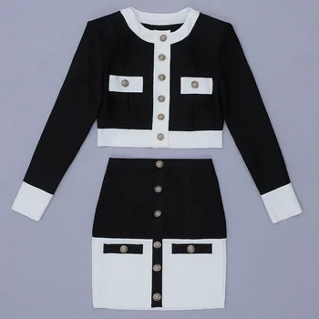 2020 зимни дамски секси двухсекционная блуза с v-образно деколте и черно-бели зашити пола мода all-match slim party two-piece suit