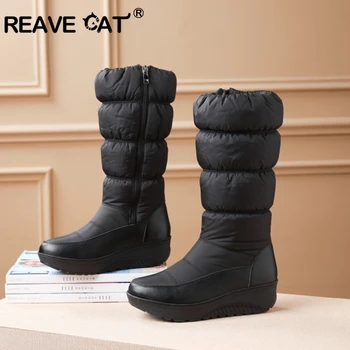 REAVE CAT плюс размера на 35-44 нови обувки за ски дамски топли памучни пухени водоустойчиви ботуши кожа платформа ботуши до средата на прасците черен бял син