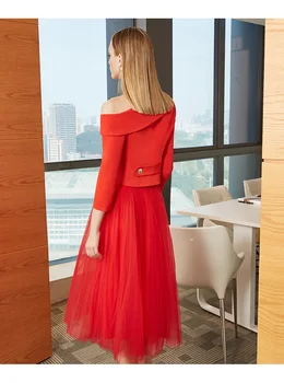 2018 нова мода 2 бр. роклята на булката преди полата костюми Черта на шията с три четвърти ръкав блейзър & Mid-хайвер окото пола, костюм C204