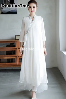 2021 китайското рокля реколта случайни китайски стил жените класически рокли цвете елегантен Дзен медитация чай рокля китайски qipao