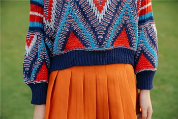 2021 Есен Зима цветни жените режат ежедневни пуловер О-образно деколте фенер ръкави на плетени пуловери Boho Aztec скок дръпна Femme