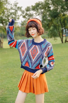 2021 Есен Зима цветни жените режат ежедневни пуловер О-образно деколте фенер ръкави на плетени пуловери Boho Aztec скок дръпна Femme