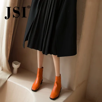 JSI Дамски обувки до средата на прасците с цип однотонная естествена кожа квадратен ток Дамски обувки на среден ток квадратен ток зимни основни дамски ботуши jo313