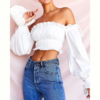 Colysmo White Ruched Blusas Women Sweet Off Shoulder Ruffles Butterfly Sleeve Vintage Върховете Sexy Summer Шифон Crop Top 2020 New
