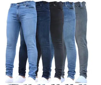 Slim Fit дънки за мъже есен пролет плюс размера на ежедневни твърди дънкови панталони молив по цялата дължина омекотител светло сини дънки панталони