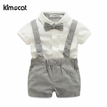 Kimocat лятото с къс ръкав риза + панталон 2 бр. момчета детски дрехи 0-2Y комплекти джентълмен вратовръзка двойка брючных костюми новородени детски дрехи