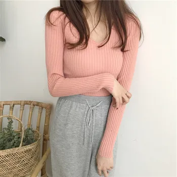 Пролет мода V-образно деколте пуловер твърди дамски пуловер с дълъг ръкав 2021 Есен Зима облекло на жените да плета тънки топло секси пуловер