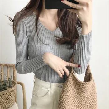 Пролет мода V-образно деколте пуловер твърди дамски пуловер с дълъг ръкав 2021 Есен Зима облекло на жените да плета тънки топло секси пуловер