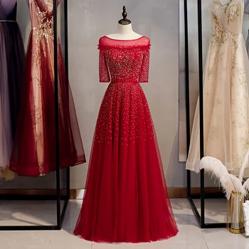 SSYFashion New Banquet Elegant Wine Red Evening Dress Half Sleeve Floor-length Sequins Beading Prom Official Dress Vestido De Noche