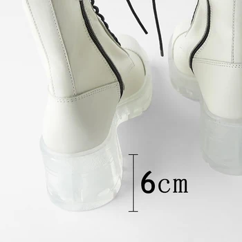 2020 бели кожени дамски ботуши стягам буци ток ботильоны за Жени Есен прозрачен нисък ток обувки на платформа жена
