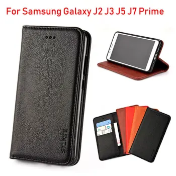 За Samsung Galaxy J2 J3 J7 J5 Prime case луксозен флип-надолу капачката реколта кожа с гнездо за карта с памет, без магнити funda на корпуса за J2 J5