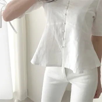 HziriP 2019 гореща памучен бельо Половината ръкави плътен V-образно деколте с елегантна талия контролирана нежна ежедневна прясна тънка Свободна Къса Риза